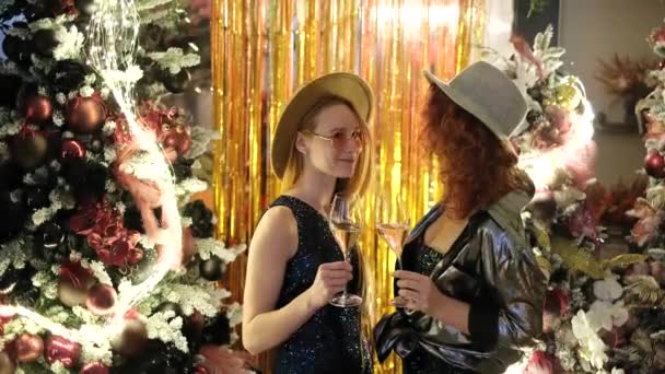 Blanke vrolijke vriendinnen praten met lichten op de achtergrond. Gelukkige en leuke emotie tijdens kerstfeest 2023. Meisjes in hoeden met glazen mousserende wijn tijdens oudejaarsavond. 4k video - Video