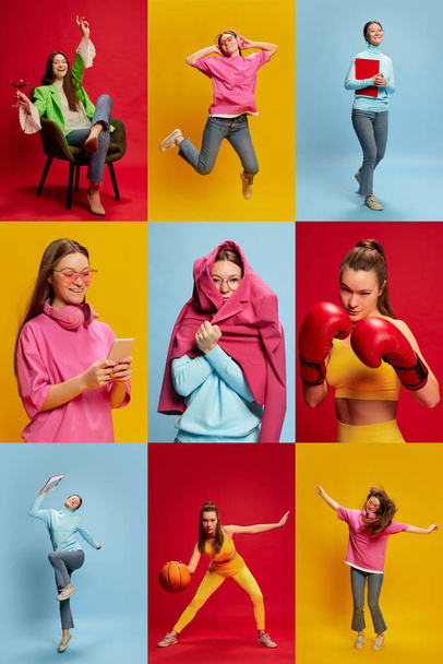 Collage. Portrait of young stylish woman posing in different clothes and images over multicolored background. Concept of youth culture, emotions, facial expression, fashion, lifestyle - Photo, image