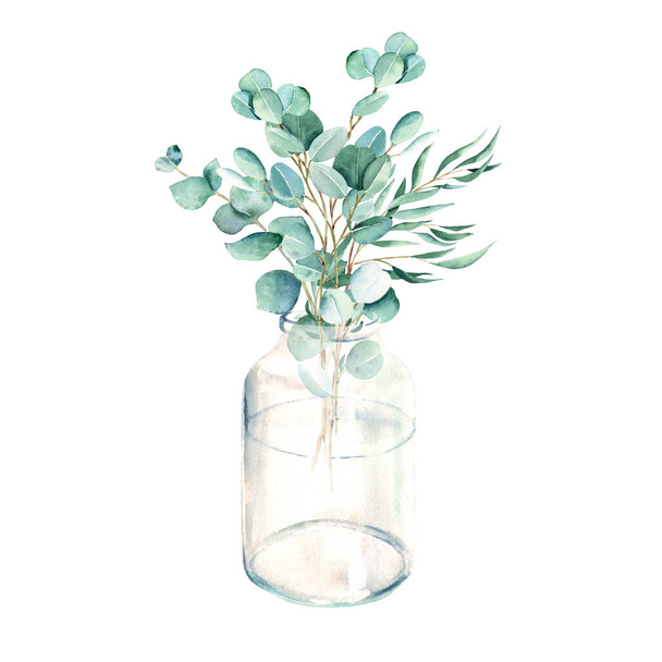 Rami di eucalipto in vaso, vaso. Dollaro d'argento, salice, vero blu. Illustrazione botanica disegnata a mano ad acquerello isolata su sfondo bianco. Eco stile minimalista per biglietto di auguri, poster - Foto, immagini