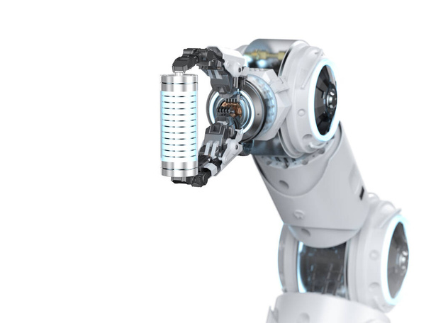 Automatizálási akkumulátor gyártása 3D-s renderelés li-ion vagy újratölthető akkumulátor által gyártott robot kar fehér alapon - Fotó, kép