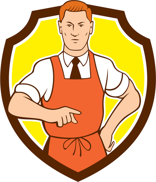 Chef cocinero apuntando escudo de dibujos animados
 - Vector, Imagen