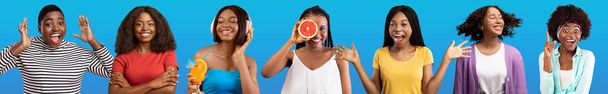 Набір яскравих фотографій щасливих привабливих стильних афроамериканських молодих жінок, що позують на синьому барвистому студійному фоні, похмурості та жестикуляції, ділячись позитивними емоціями, веб-банер, колаж
 - Фото, зображення