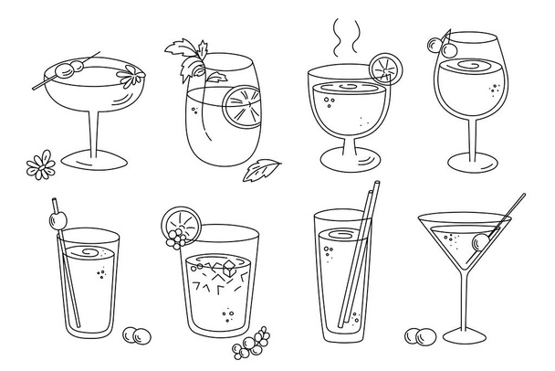 Alcoholic cocktails set, long drink beverages for holiday celebrating. Use for decorating design festive menu. Hand-drawn doodle style. Editable stroke. Isolated.Vector - Vector, Imagen