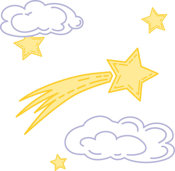 Ilustración vectorial de una estrella fugaz contra el cielo con estrellas y nubes - Vector, imagen