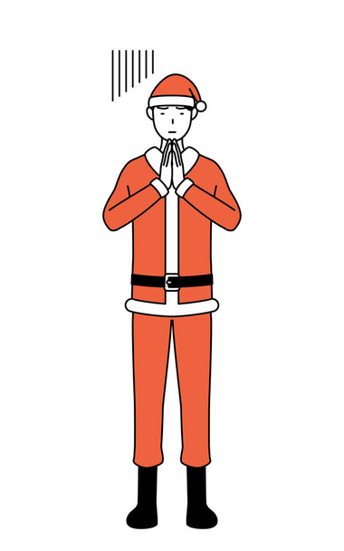 Απλή γραμμή σχεδίασης εικονογράφηση ενός άνδρα ντυμένος ως Άγιος Βασίλης συγγνώμη με τα χέρια του μπροστά από το σώμα του. - Διάνυσμα, εικόνα