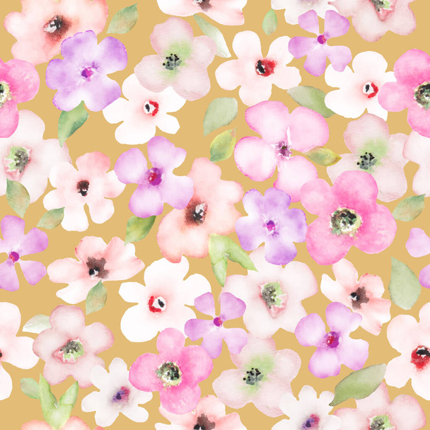 Υδατογραφία αδιάλειπτη μοτίβο με αφηρημένα φωτεινά λουλούδια, φύλλα. Χειροποίητη floral απεικόνιση που απομονώνεται σε κίτρινο φόντο. Για συσκευασία, περιτύλιγμα ή εκτύπωση. Διάνυσμα EPS. - Διάνυσμα, εικόνα