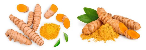Turmeric powder and turmeric root isolated on white background. Top view. Flat lay. - Photo, Image