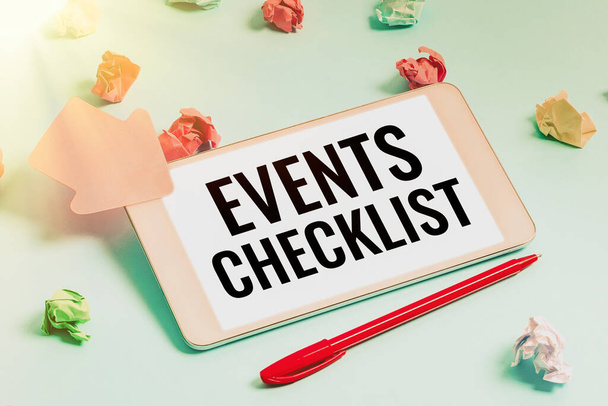 Sinal de texto mostrando Eventos Checklist, Business showcase ferramenta inestimável para gerenciar com sucesso seu caso - Foto, Imagem