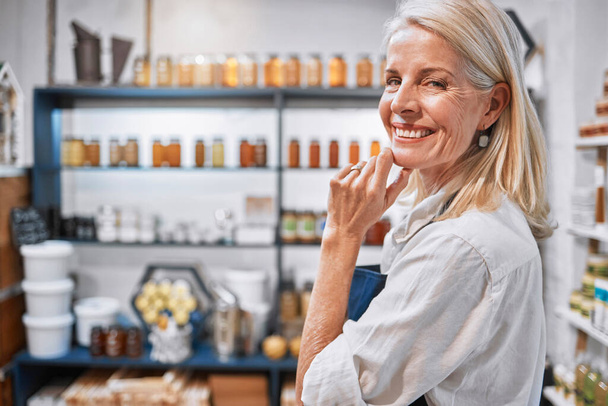 Small business, senior woman and portrait of honey shop owner proud of organic product startup, vision and goal. Success, elderly lady and sustainable business boss happy, smile and enjoying career. - Φωτογραφία, εικόνα