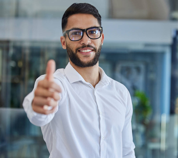 Thumbs up, success and portrait of programmer man in office happy with agreement, feedback or review. Nerd, happiness and it expert in workplace with yes, thank you or winner gesture with smile - Foto, Imagem