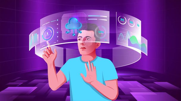 A young man exploring and visualizing the Cloud data, Blockchain, Infographics, Cryptocurrency, NFTs, Future innovations and Communication concepts with Metaverse Digital Virtual Reality Technology  - Vector, Image
