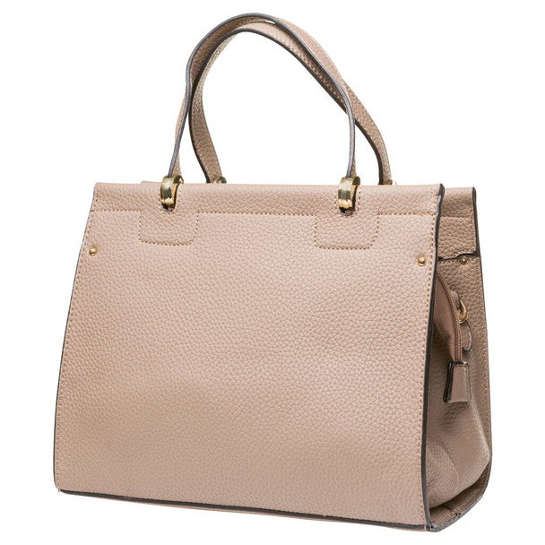 Beige or light brown leather women's bag with handles, on a white background, isolate - Valokuva, kuva