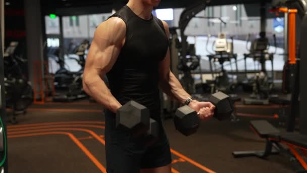 halterofilista homem vista cultura fazendo dumbbell bíceps tricep cachos treino no ginásio, musculação. - Filmagem, Vídeo