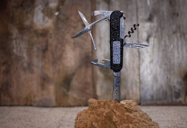 Швейцарский армейский нож застрял в скале на деревенском фоне - Фото, изображение
