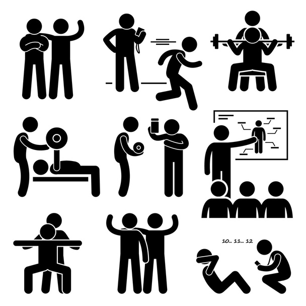 Personal Gym Coach Trainer Instructor Exercise Workout Stick Figure Pictogram Icons - Vector, Image