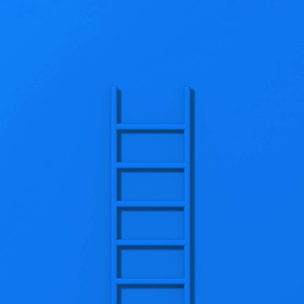 青い背景の青い階段。階段は壁の近くに垂直に立っています。成功の概念への道。正方形の画像。3D画像。3Dレンダリング. - 写真・画像