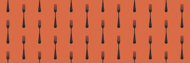 pattern. Fork top view on red orange background. Template for applying to surface. Banner for insertion into site. Flat lay. 3D image. 3D rendering. - Photo, Image