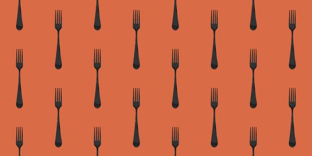 pattern. Fork top view on red orange background. Template for applying to surface. Banner for insertion into site. Flat lay. 3D image. 3D rendering. - Fotografie, Obrázek
