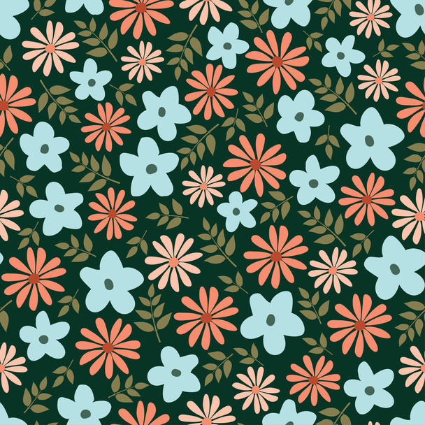 Allover nyomtatott virágos varrat nélküli felületi minta. Tilable lombozat ismétlődő texturált háttér. Esztétikai vadvirágok és levelek - Vektor, kép