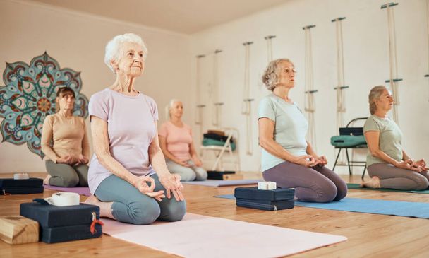 Yoga, lotus and group of senior women in gym meditating for spiritual health and wellness. Meditation, zen chakra and retired females training to relax for mindfulness and peace in fitness center - Foto, Imagem