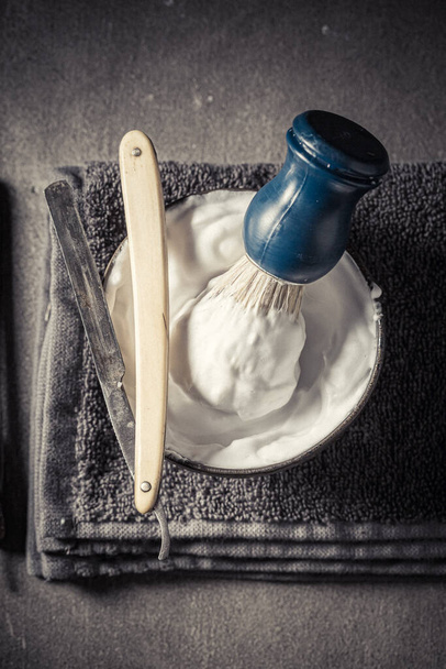 Old and unique shave set with grey soap and brush. Classic shaving accessories. - Fotografie, Obrázek