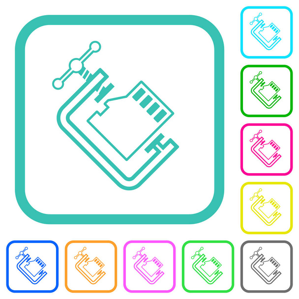 Micro-SD-Speicherkarte komprimieren Umriss lebendige farbige flache Symbole in gebogenen Rändern auf weißem Hintergrund - Vektor, Bild