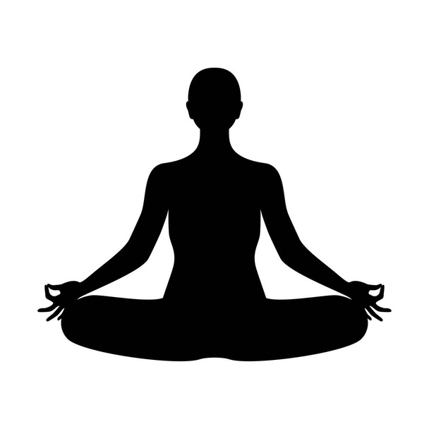 Mujer sentada en yoga pose silueta icono vector. Icono de persona meditante aislado sobre un fondo blanco. Chica sentada en posición de loto de yoga silueta negra elemento de diseño gráfico - Vector, imagen