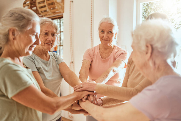 Teamwork, senior and hands of women together in community support, solidarity and collaboration. Team building success, elderly friends and group of people united in celebration for retirement health. - Foto, Imagen