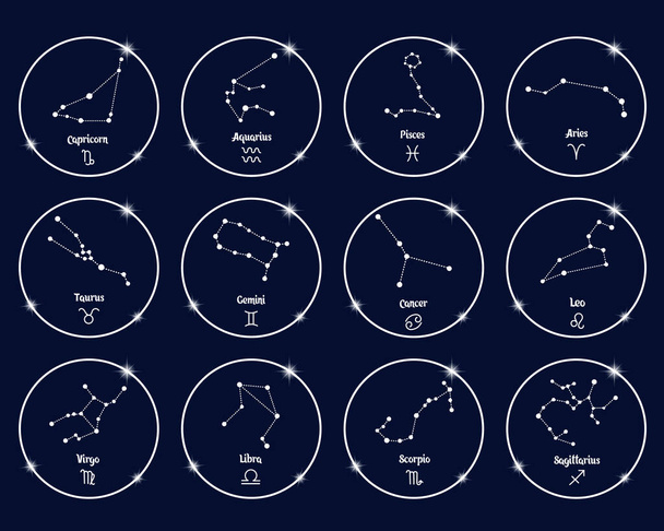 Constelaciones de signos del zodiaco en círculos blancos brillantes, conjunto. Esquema blanco sobre fondo azul. Iconos, vector - Vector, imagen