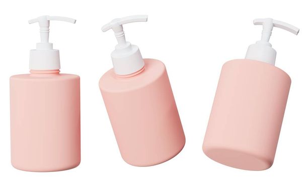 Kozmetikai adagoló mockup 3D render, rózsaszín műanyag ellátás termék palack sablon elszigetelt fehér háttér, zuhany gél és folyékony szappan csomagolás készlet - Fotó, kép