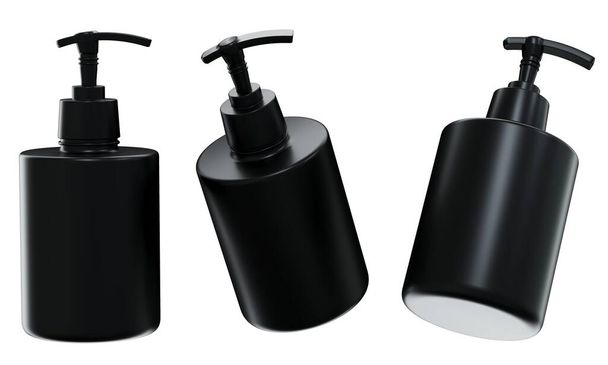 Maquilhagem de dispensador cosmético 3D render, modelo de garrafa de produto de cuidados de plástico preto isolado em fundo branco, gel de chuveiro e conjunto de embalagem de sabão líquido - Foto, Imagem