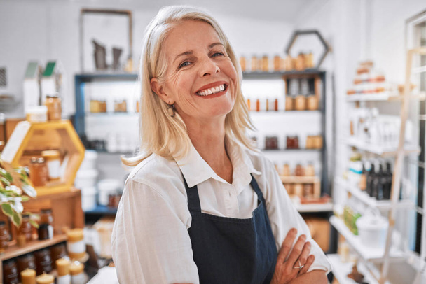 Honey shop portrait of senior woman, small business owner or retail store manager with pride in sales marketplace growth. Commerce, product and seller happy with startup vision, mission or success. - Φωτογραφία, εικόνα