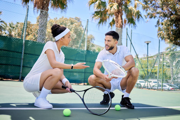 Sports, fitness and tennis team talking, speaking and planning game plan, winning strategy or teamwork discussion. Collaboration, communication and athlete tennis player on court for fitness exercise. - Фото, зображення
