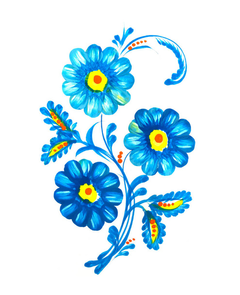 Peinture florale dessinée à la main isolée sur blanc. Art populaire ukrainien, peinture décorative traditionnelle Petrykivka. Impression parfaite pour cartes, décor. - Photo, image
