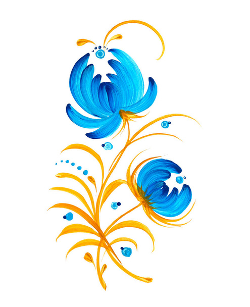 Hand-drawn floral painting isolated on white. Ukrainian folk art, traditional decorative painting style Petrykivka. Perfect print for cards, decor. - Valokuva, kuva