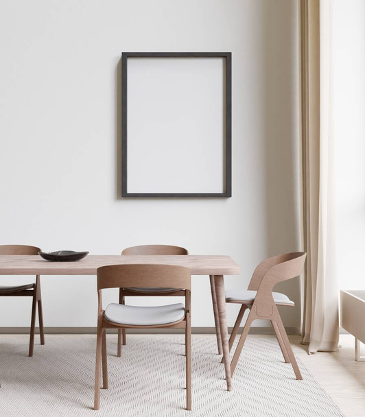 Sala de jantar e espaço de cópia de cozinha no fundo branco, vista frontal, renderização 3D
 - Foto, Imagem