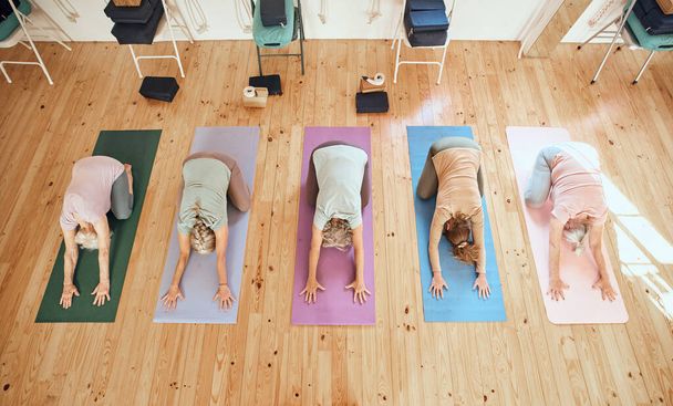 Yoga, studio and group of senior women in retirement doing a stretching exercise for body and mind. Wellness, health and elderly friends doing pilates workout for balance, peace and fitness in class - 写真・画像