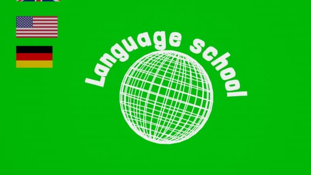 Talenschool, geanimeerde witte globe logo met ronde inscriptie, rechts en links zijn geleidelijk geplaatst vlaggen van verschillende staten - Amerika, Duitsland, Groot-Brittannië, Frankrijk, Rusland, Griekenland - Video