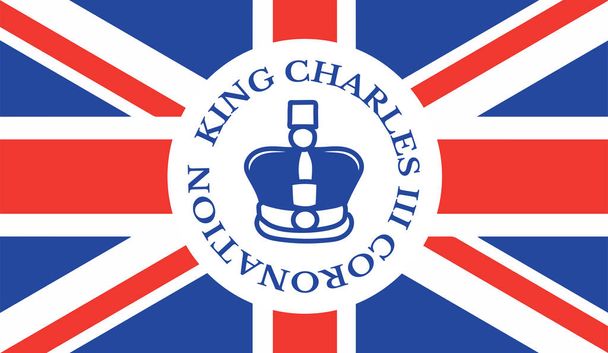 Poster per l'incoronazione di re Carlo III con illustrazione vettoriale della bandiera britannica. Biglietto di auguri per celebrare l'incoronazione del Principe Carlo di Galles diventa Re d'Inghilterra.  - Vettoriali, immagini