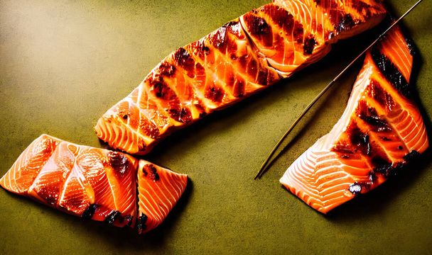 Izgara somon. Sağlıklı yemek, sıcak balık yemeği. Baharatlı taze ızgara somon balığı.. - Fotoğraf, Görsel