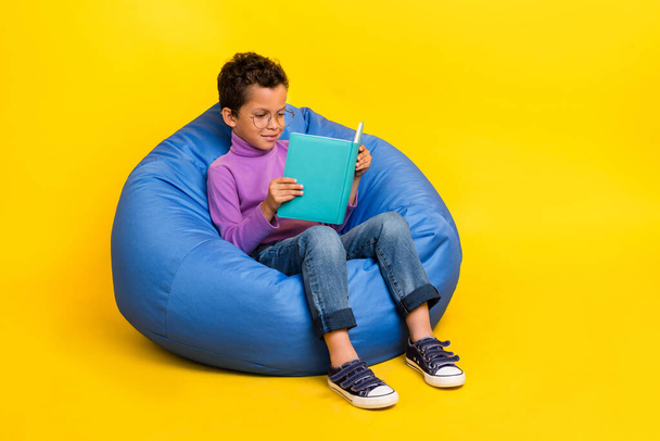 Full size portrait of smart schoolboy sitting comfy bag read book isolated on yellow color background. - Фото, зображення