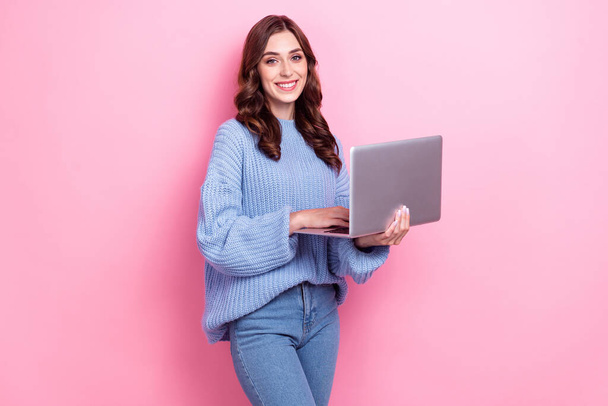 Photo of cheerful positive person hands hold wireless netbook isolated on pink color background. - Φωτογραφία, εικόνα