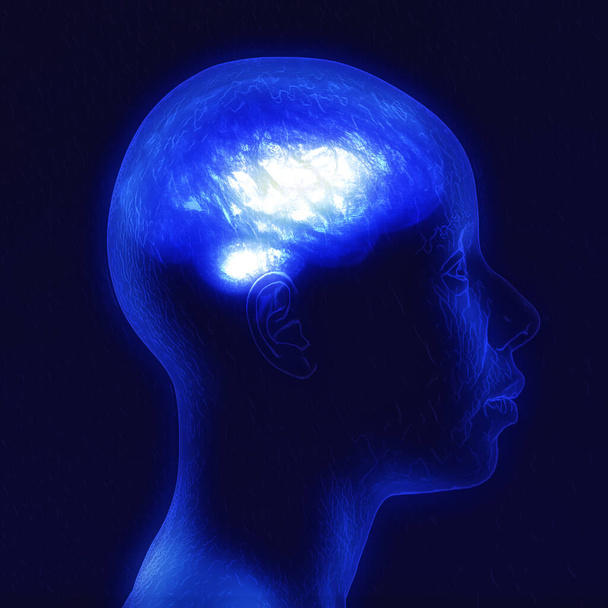 Neurologie, filosofie: verbindingen, de ontwikkeling van denken en reflectie, de oneindige mogelijkheden van brein en geest. Menselijke anatomie. Digitale realiteit, kunstmatig bewustzijn. 3d destructie - Foto, afbeelding