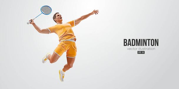 Beyaz arka planda bir badminton oyuncusunun gerçekçi silueti. Badmintoncu adam servis horozunu vuruyor. Vektör illüstrasyonu - Vektör, Görsel