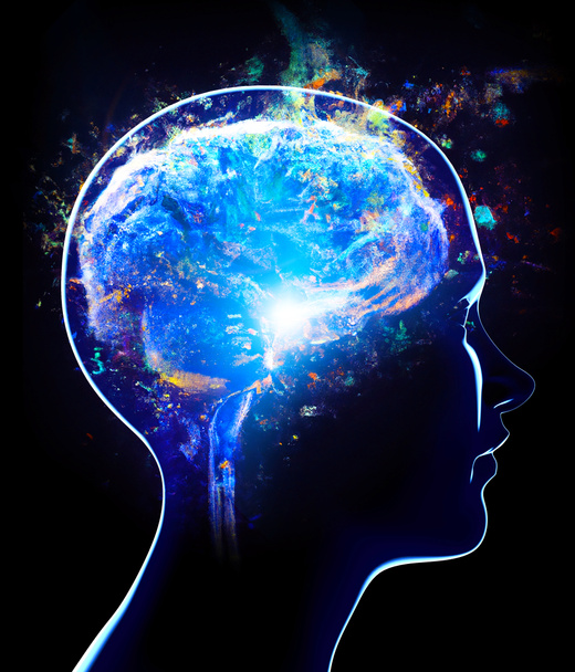 Neurología, filosofía: conexiones, el desarrollo del pensamiento y la reflexión, las infinitas posibilidades del cerebro y la mente. Anatomía humana. Realidad digital, conciencia artificial. renderizado 3d - Foto, imagen