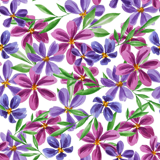 Met de hand getekende aquarel naadloos bloemenpatroon. Aquarel heldere bloemen. Roze. Violet. Stofafdruk. Textiel. Aquarelpatroon. - Foto, afbeelding