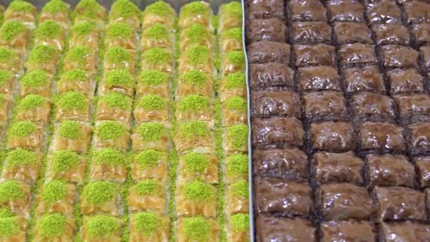 Types of Turkish baklava in trays, burma kadayif, sobiyet,sutlu nuriye, chocolate baklava, Turkish traditional sherbet desserts.4K Video shooting. - Footage, Video