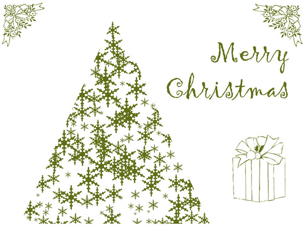 Καλά Χριστούγεννα κείμενο, με δέντρο και το σχεδιασμό δώρο. - Φωτογραφία, εικόνα