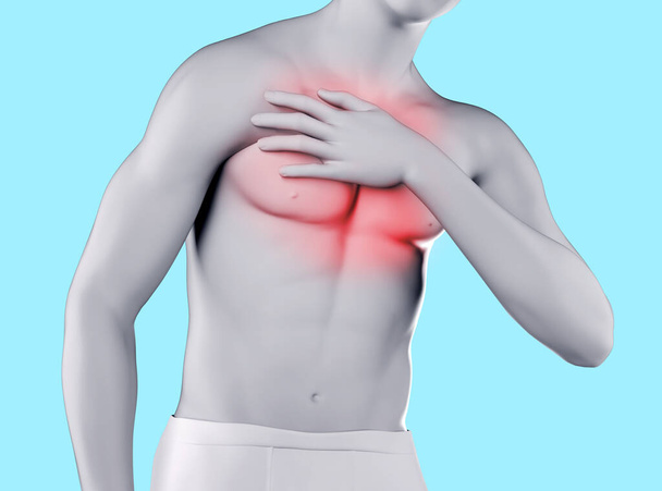 3d render illustration of male figure with chest pain highlighted area on blue background. - Photo, Image