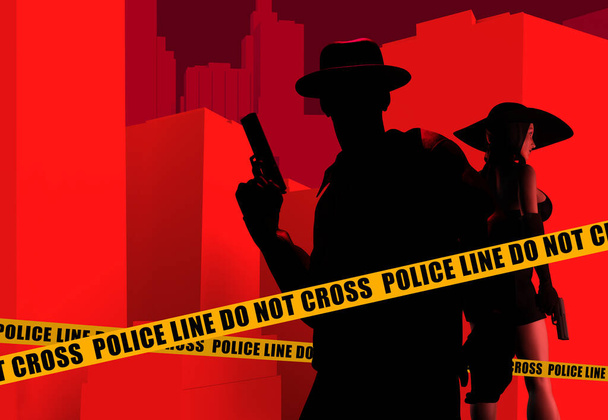 Üç boyutlu, silahlı dedektif silueti, şapkalı ve ceketli, kırmızı giysili, sarı çizgili şehir manzaralı seksi ajan kadın.. - Fotoğraf, Görsel